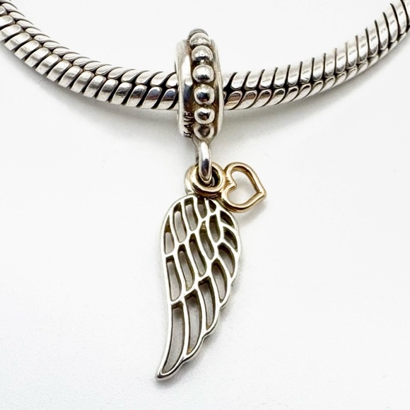 G585 & S925 Pandora Two Tone Love & Guidance Angel Wing Dangle Charm - Picture 1 of 3